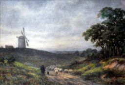 *AR JOSEPH DIXON CLARK (1849-1944) British Sheep Drover Before a Windmill in an Extensive