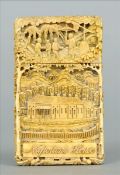 A 19th century Cantonese carved ivory card case The removable lid decorated with figures in a