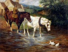 Manner of LUCY KEMP-WELCH (1869-1958) British Crossing the Ford Oil on canvas Bears signature 61.5 x