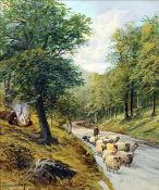 C.W. MIDDLETON (19th century) British Sheep Drover on a Country Lane With Gypsy Camp Oil on canvas