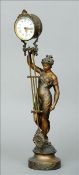 A Victorian patinated spelter mystery clock Formed as a young woman in a flowing dress, standing