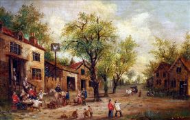 ENGLISH SCHOOL (19th century) Figures Outside a Tavern Oil on canvas Indistinctly signed 44.5 x 29.5