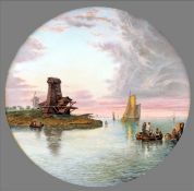 Two 19th century porcelain plaques One painted with a coastal scenes with windmills on the shore,