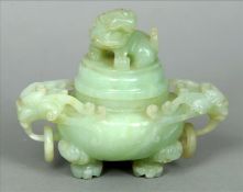 A Chinese jade censor The removable domed cover carved with a dog-of-fo, the main body with twin