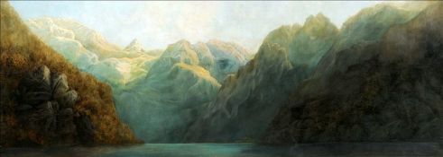 BRITISH SCHOOL (19th century) Mountainous Loch Scene Oil on canvas 129 x 47 cms, framed Generally in