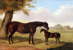 ENGLISH SCHOOL (18th century) Horse and Foal Before a Country House Oil on board 59 x 43.5 cms,