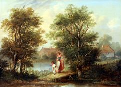 ENGLISH SCHOOL (19th century) Figures on a Bridge in a Rural River Landscape Oil on canvas 40 x 29.5