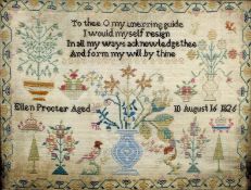 An early 19th century needlework sampler Centred with a flowering vase beneath a verse by Ellen