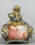 A 19th century Chinese silvered bronze mounted agate box The removable cover with a dog-of-fo finial