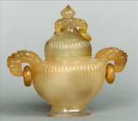 A Chinese pale Agate censor and cover The removable lid with a domed finial above mask and ringlets,