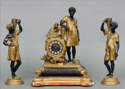 A 19th century patinated spelter mantel clock garniture The circular dial with enamelled Roman