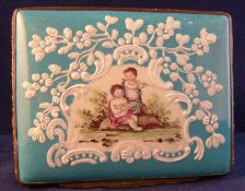 An 18th century enamel decorated table snuff box The exterior decorated with figures and landscape