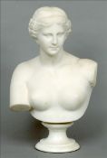 A classical style white marble bust Modelled as a young nude woman, mounted on a socle. 51 cms high.