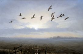 *AR JULIAN NOVOROL (born 1949) British Geese in Flight Oil on canvas Signed and dated 1990 75 x 49.5