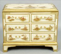 A chinoiserie lacquered chest of drawers The moulded rectangular top above three long drawers with