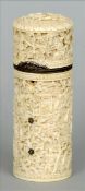 A 19th century Cantonese carved ivory box Of cylindrical form with a hinged lid, decorated in the