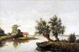 *AR WILLIAM HEYTMAN (born 1950) Dutch Dutch River Scene Oil on canvas Signed 90 x 59.5 cms, framed