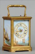 A 19th century gilt brass and Sevres style painted porcelain repeating carriage clock The