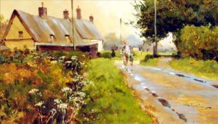 *AR JOHN HASKINS (born 1938) British A Sunday Morning Walk Oil on paper Signed, old label to verso