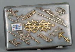 A Russian silver cigarette case Decorated to the front and back with unmarked yellow metal symbols