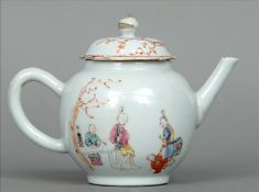 An 18th century Chinese teapot Decorated with various figures, the lid painted with a goat. 13 cms