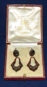 A pair of Victorian tortoiseshell drop earrings Set with unmarked gold and silver pique inlay. 3.5