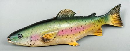 An early 20th century painted carved wooden wall hanging formed as rainbow trout Naturalistically