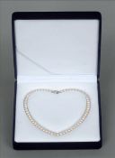 A cased cultured river pearl necklace The clasp floral cast. 44 cms long. Generally in good
