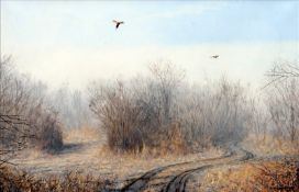 *AR JULIAN NOVOROL (born 1949) British Pheasants Above a Wooded Copse Oil on canvas Signed and dated