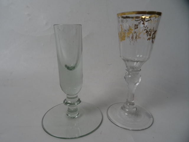 A 19THC LEADED DRAM GLASS with knop stem and large conical foot, together with A 19THC GILT