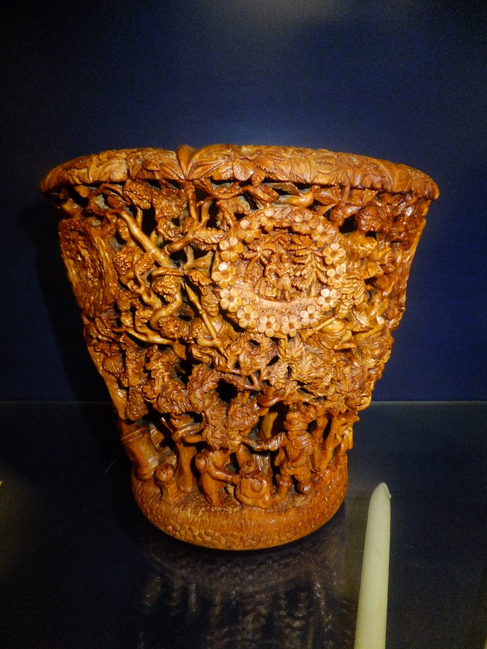 A C1890 intricately carved wooden (possibly Flemish) vase with historical settings 17cm tall