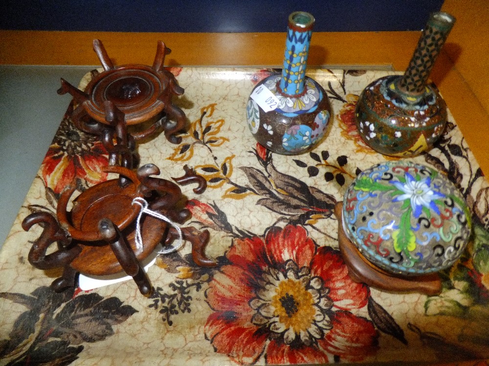 Three cloisonne pots and three stands