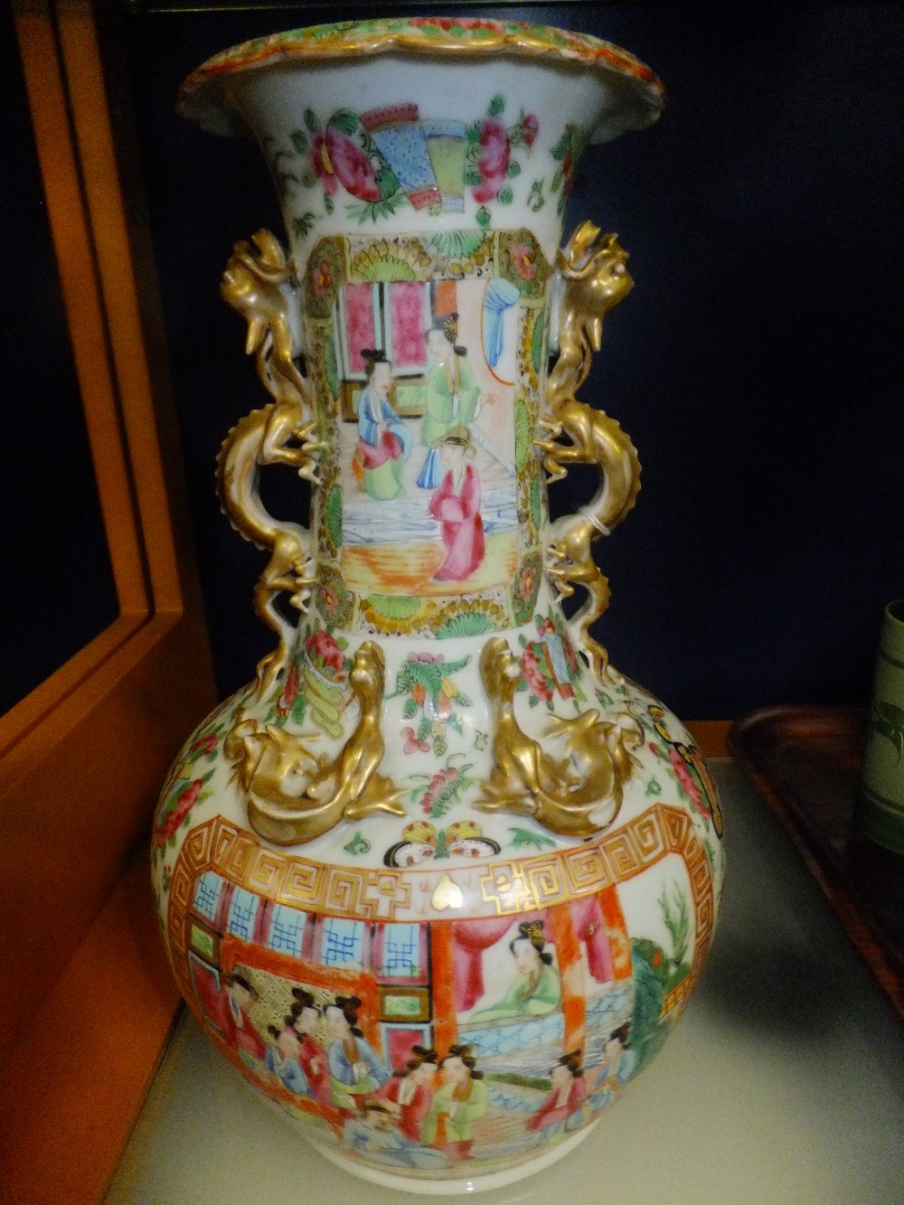 A 19th C Chinese Canton vase having fluted rim, dragon handles and applied lizards A/F (slight