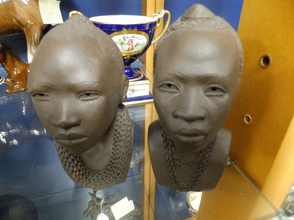 Two African pottery heads, signed Abollo