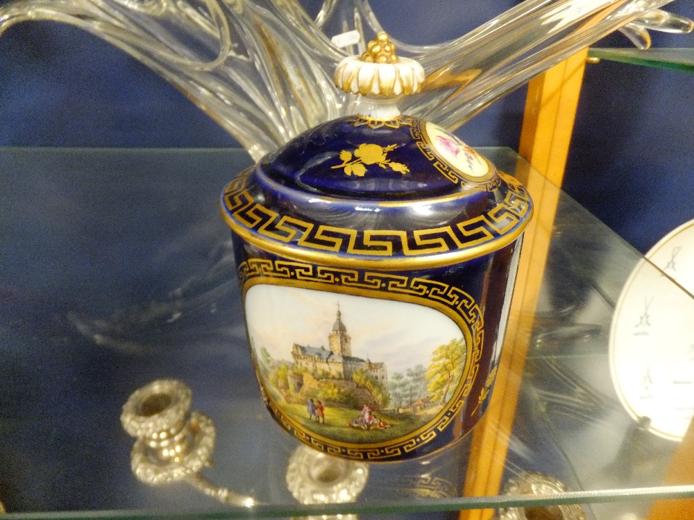 An 1830-1860s Meissen falkenstein pot and lid with pictorial Cartouche A/F