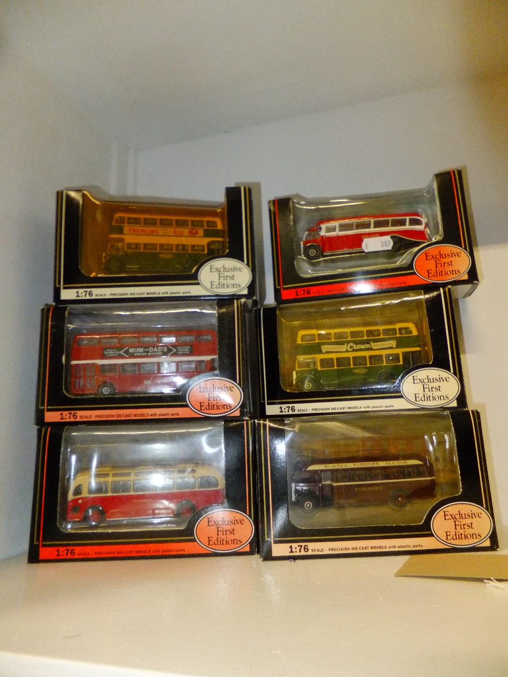 A group of six boxed die-cast Exclusive First Editions 1.76 scale buses to include a Bristol Utility