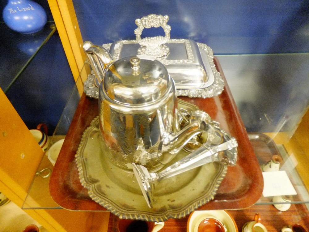 A mixed selection of silver plate to include tea-pot, tray etc