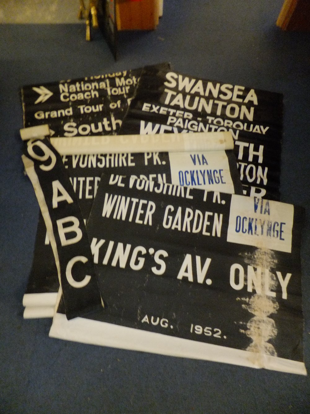 Five vintage 1950's canvas and linen backed bus blinds with various destinations to include Swansea,