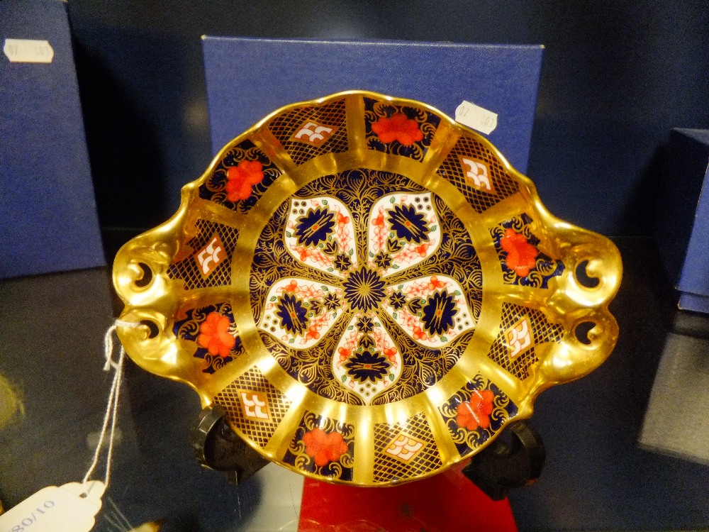 A Royal Crown Derby bonbon dish having Imari pattern, marks to base, boxed