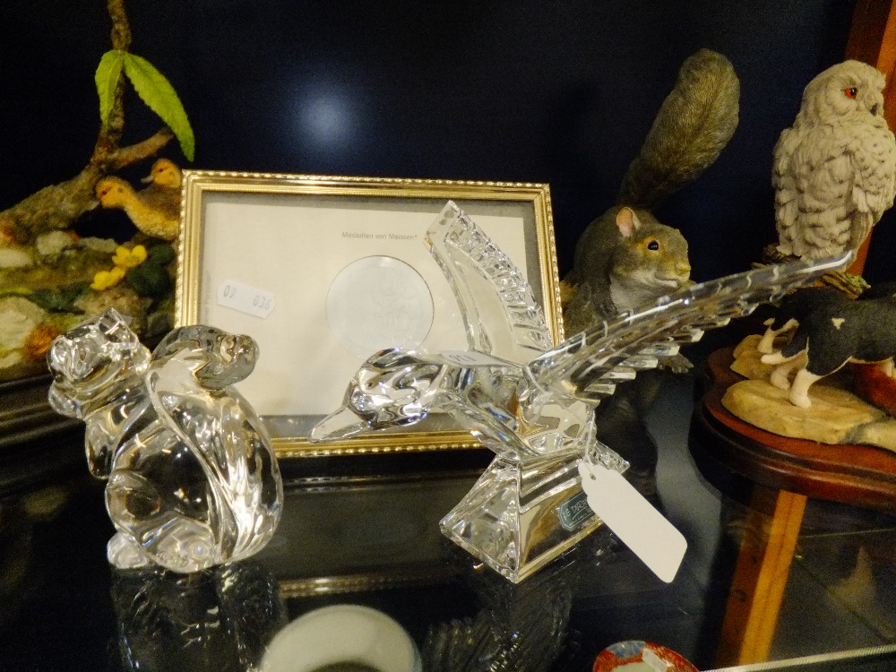 A Meissen medallion, a J G Durand crystal eagle and a  crystal squirrel