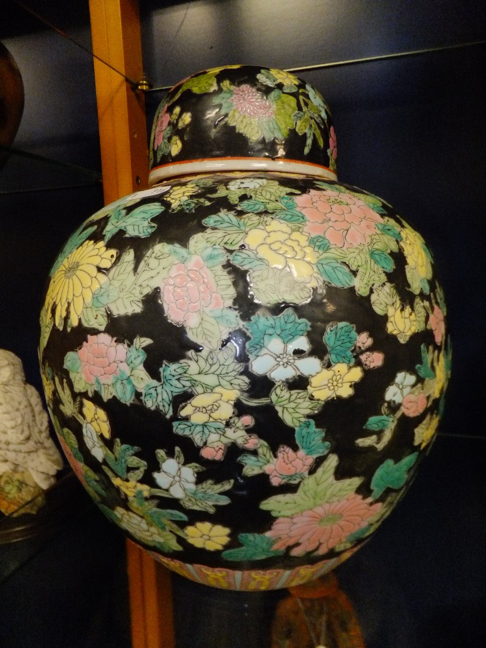 A large Chinese lidded ginger jar having hand-painted floral design, marks to base