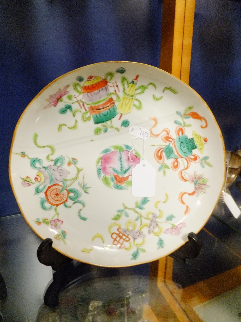 A 19th C Chinese hand painted Caladon plate, signed to base 14cm dia