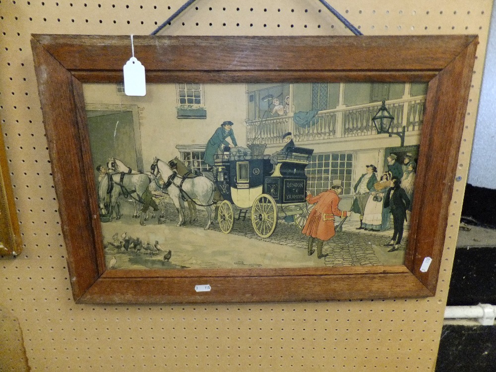 A vintage lithograph caricature coaching scene, set into wooden frame