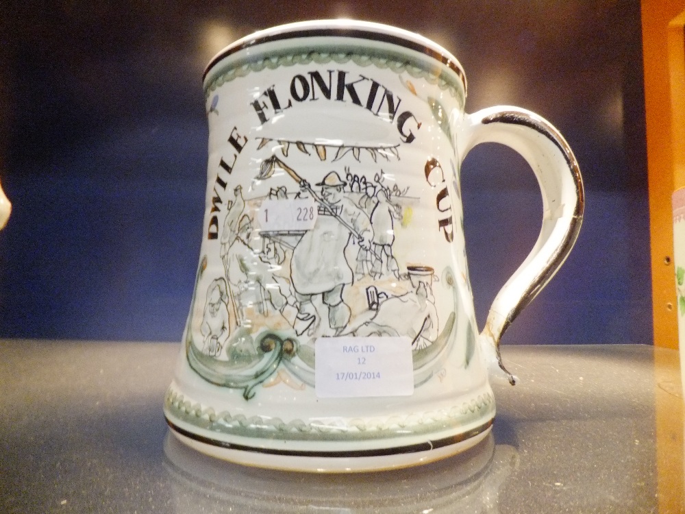 A Cinque Ports pottery "The Monastery Rye" 1 of 1 flonking tankard with motto, handle A/F