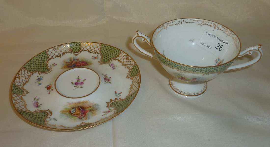 Dresden cabinet, twin handled cup and saucer with gilt floral detail and panels of courting couples