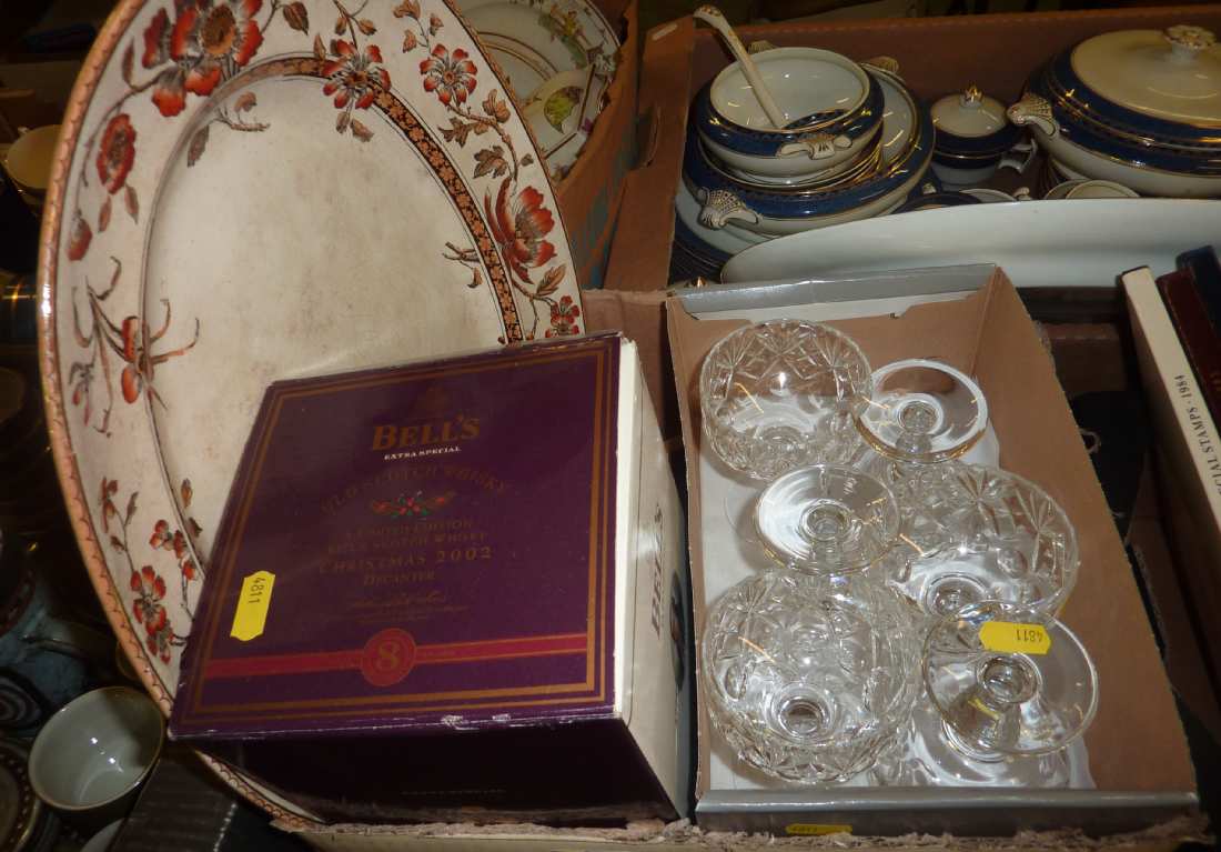 Bells Old Scotch Whiskey 2002 decanter with contents, cut glass drinking glasses etc.