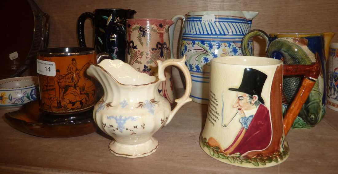 Crown Devon Fielding's John Peel musical mug, Majolica style fish jug and selection of jugs