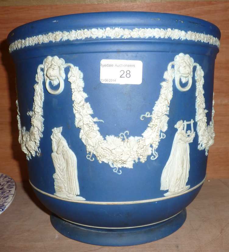 Very large Wedgwood blue and white jardiniere with classical scenes and lion mask detail (24cm