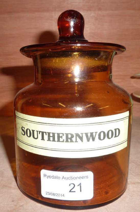 Amber coloured glass `Southernwood' jar