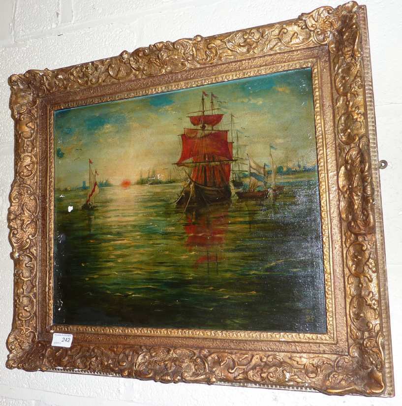 Oil on board painting of ships in harbour scene with monogram signature RP 80 in gilt frame
